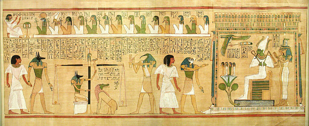 The weighing of the heart scene from the Book of the Dead.