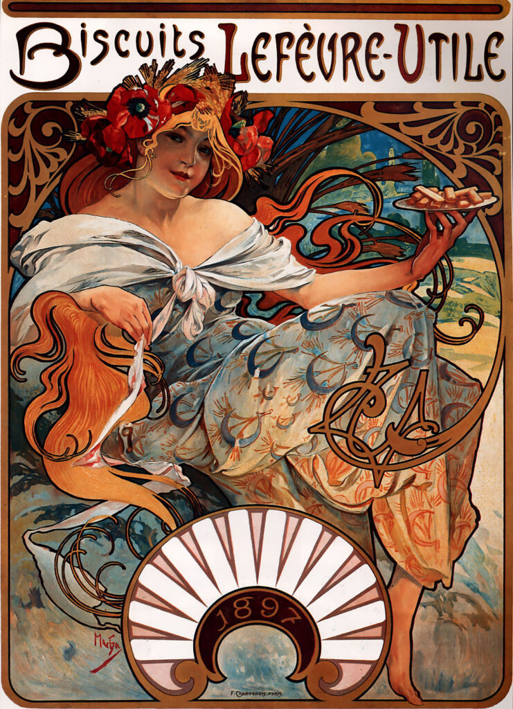 Biscuits Lefèvre-Utile, lithograph by Alphonse Mucha, 1896.