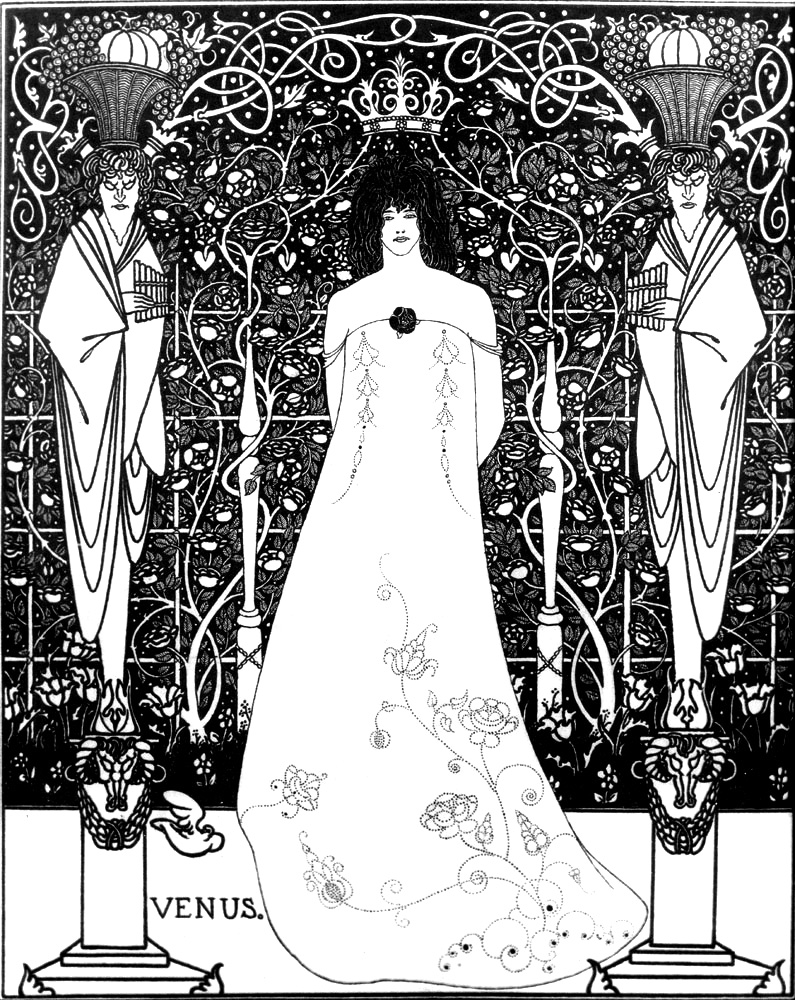 "Venus between Terminal Gods" 1895. Drawing with india ink by Aubrey Beardsley. Found at the Cecil Higgins Art Gallery, Bedford, United Kingdom