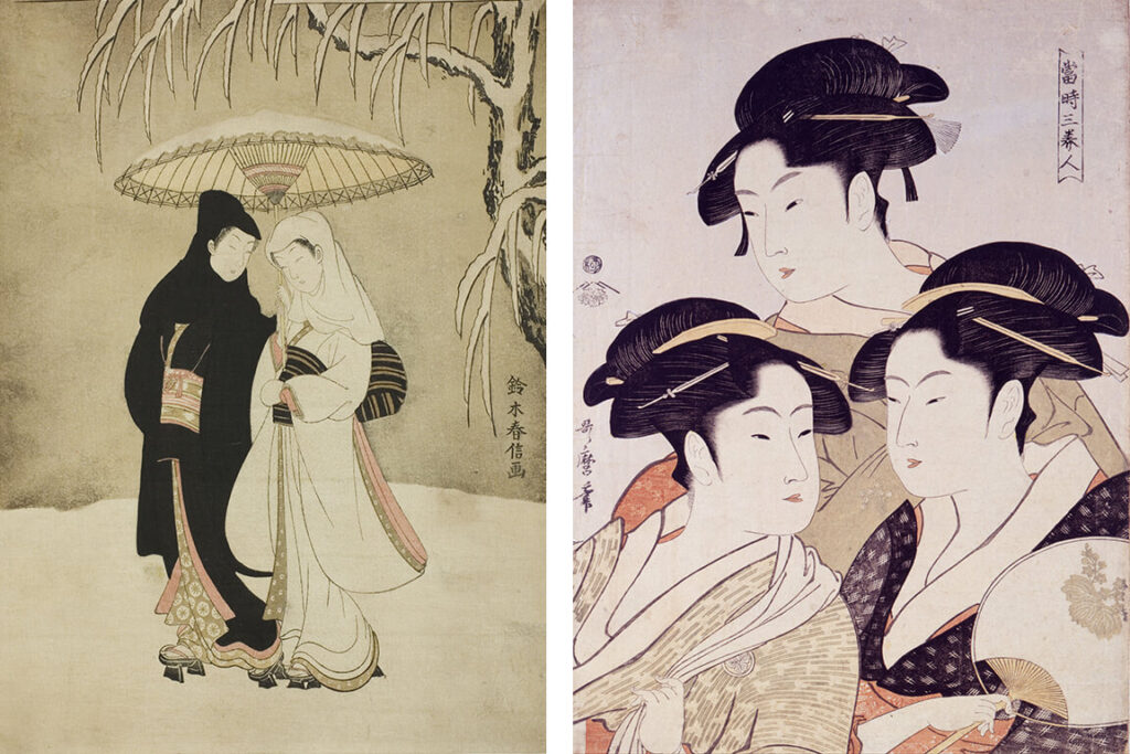 Two Lovers Beneath an Umbrella in the Snow, Suzuki Harunobu, c. 1767. Three Beauties of the Present Day, Kitagawa Utamaro, c.1793. 