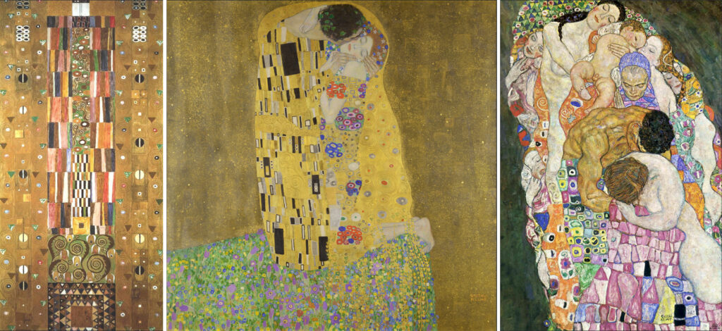 Knight, Design for the Stoclet Frieze, 1905. The Kiss, 1908.  Death and Life, 1916. Gustav Klimt.