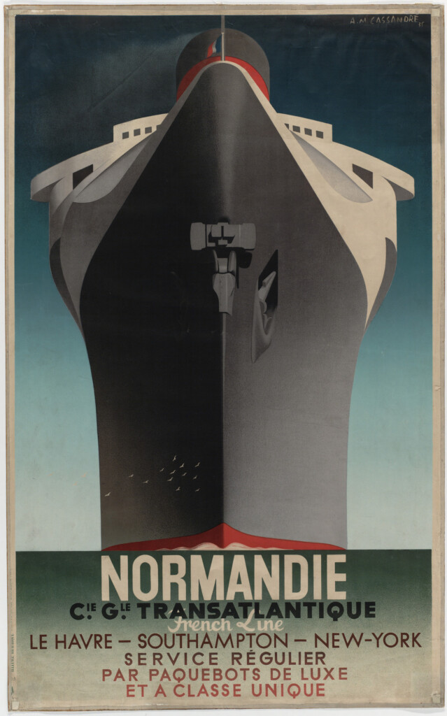 A.M. Cassandre's Normandie poster captures the towering steel hulls of transatlantic ocean liners, illustrating the unprecedented industrial speed of the era.