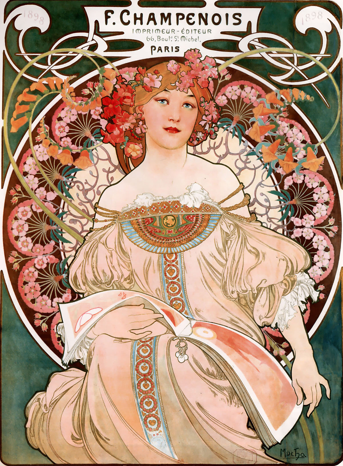 A classic example of the organic, flowing lines of pre-war design that De Stijl sought to replace. 
Alphonse  Mucha, F. Champenois Imprimeur-Editeur (1897)