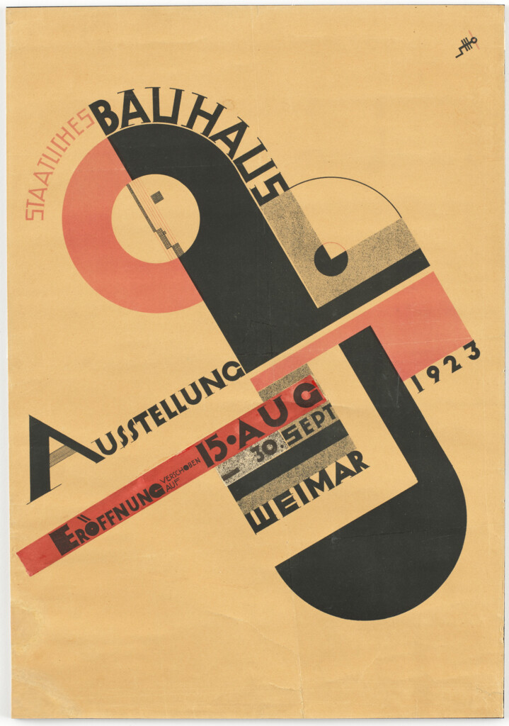 Joost Schmidt's poster for the 1923 Bauhaus exhibition visually signaled the school's pivot toward Constructivism and the machine aesthetic, combining strict geometry with dynamic, asymmetrical typography.
