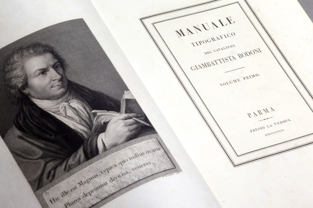 A spread from Giambattista Bodoni's Manuale Tipografico, illustrating the extreme contrast and mathematical precision of the "Modern" style.
