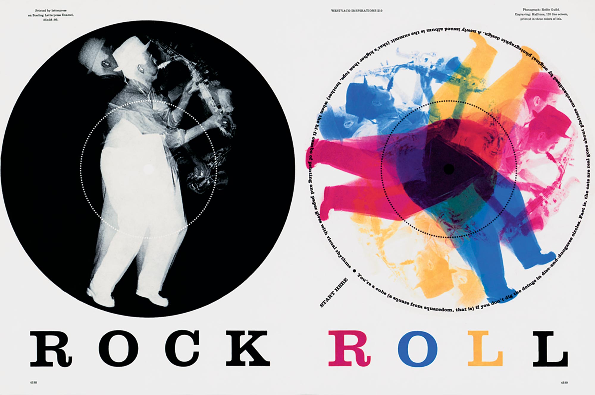 A multiple-exposure photograph of a saxophone player is reversed from a black circle on the left and overprinted in primary colors on the right, showcasing Bradbury Thompson’s masterful, experimental approach to commercial printing technology.