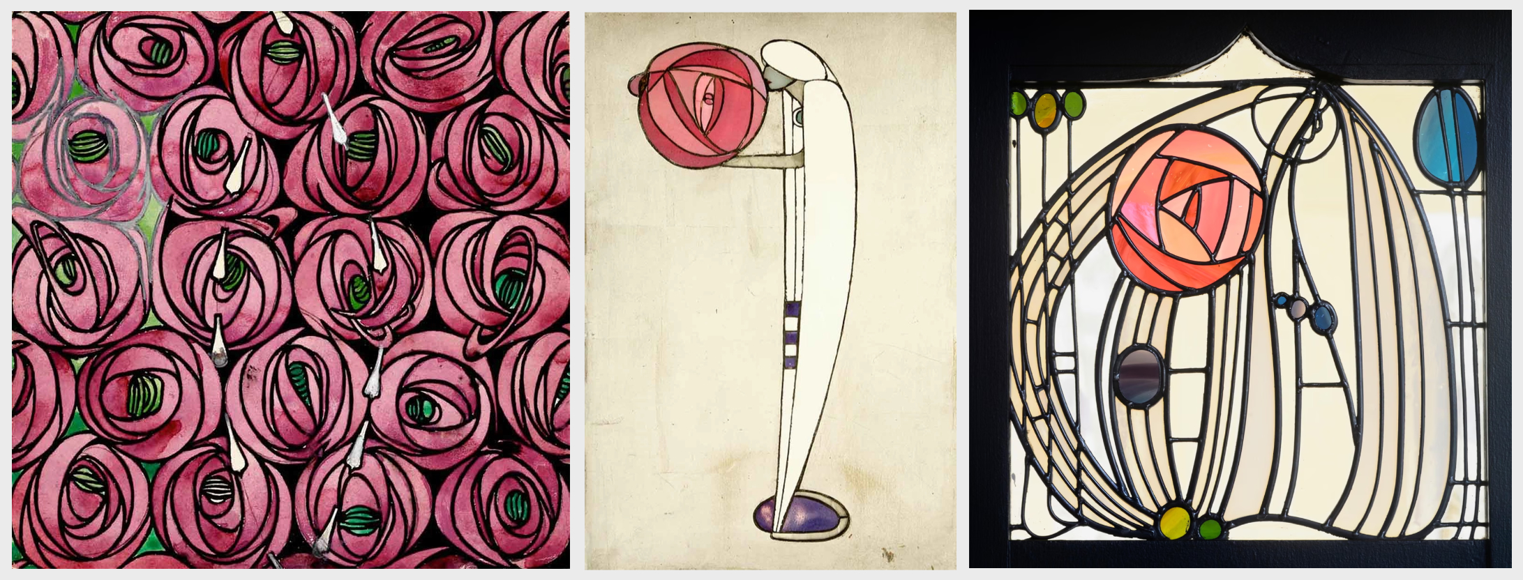 Left to Right: Rose and Teardrop textile design, c. 1915-28 / Cabinet design, c. 1902 / A stained glass window from House for an Art Lover, c. 1905 by Charles Rennie Mackintosh