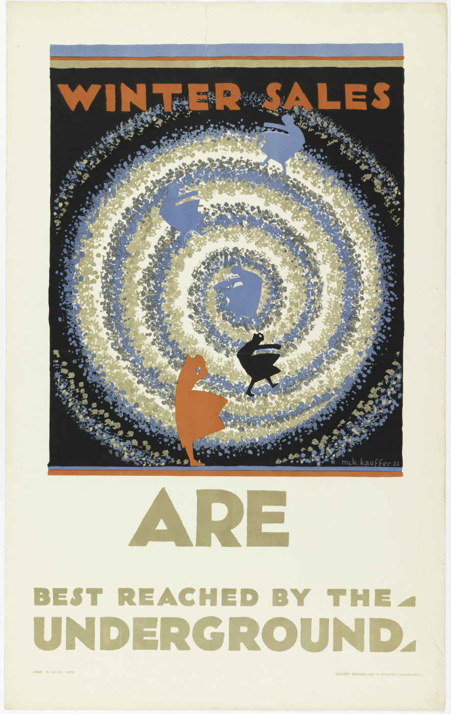 By smoothing out the fragmented shards of Cubism, E. McKnight Kauffer translated the avant-garde into a highly decorative, commercially viable style for everyday commuters. E. McKnight Kauffer, Winter Sales (1922)