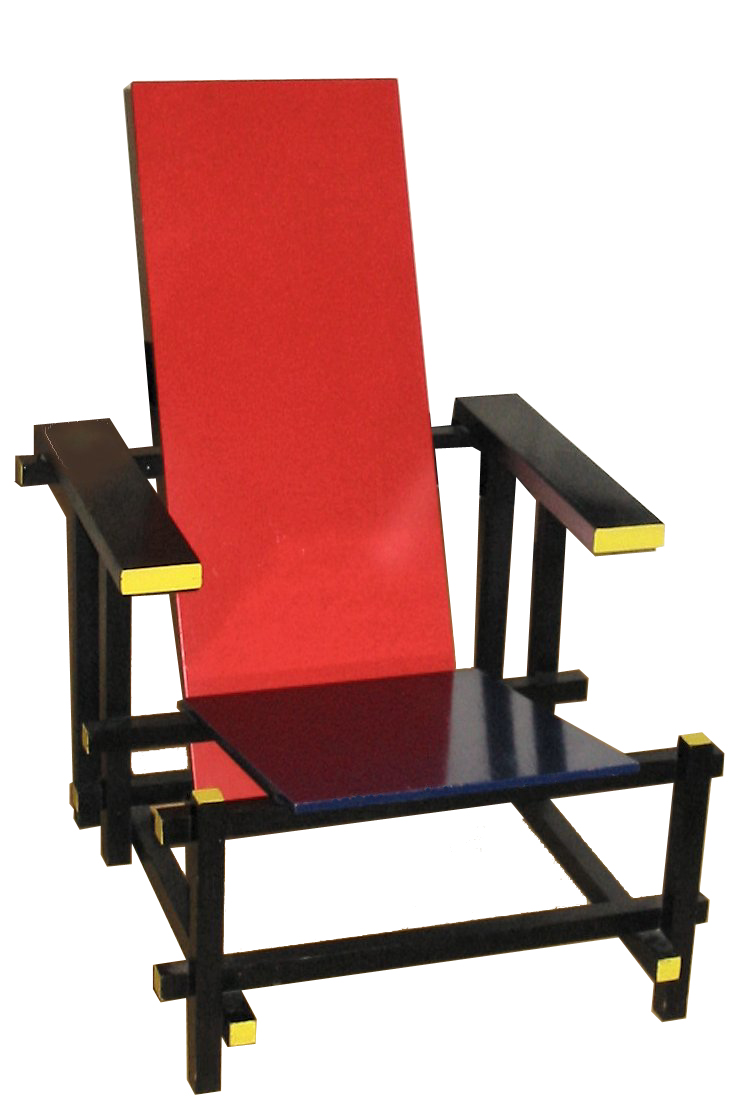 Gerrit Rietveld’s Red and Blue Chair (1917) applied the movement’s strict geometric and color rules directly to three-dimensional objects.