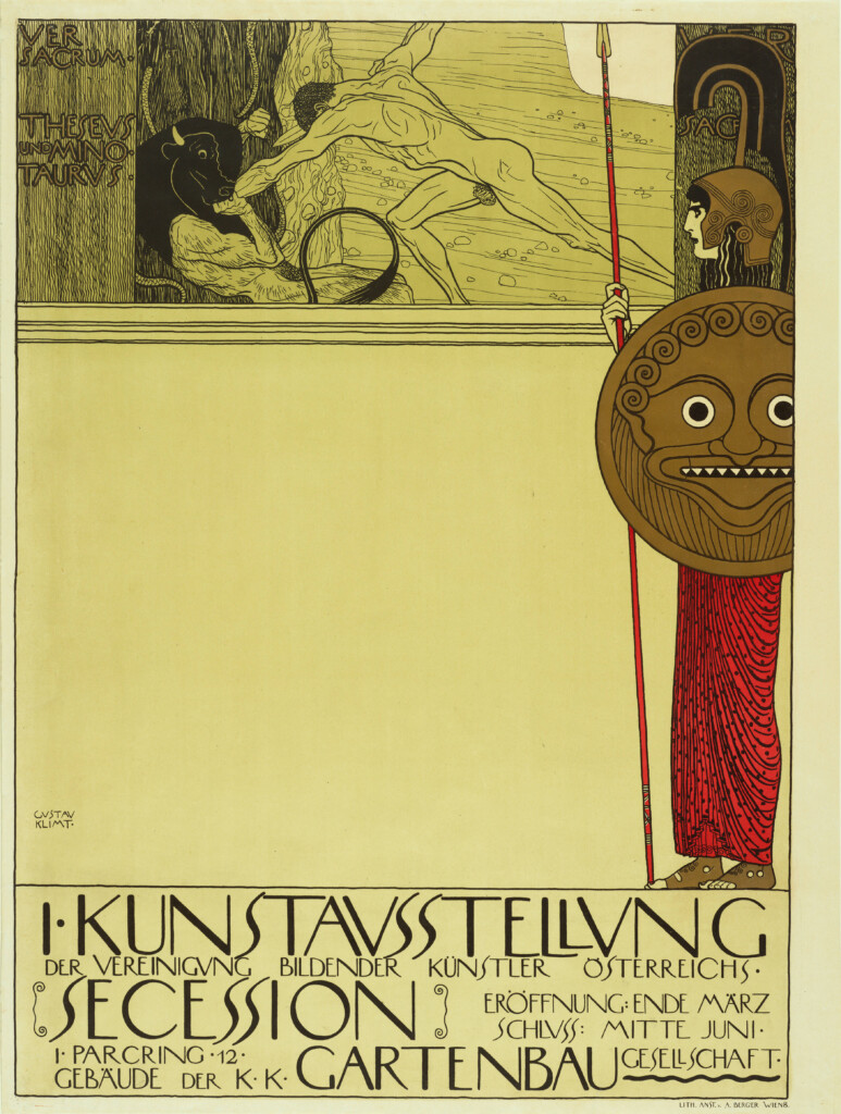 Gustav Klimt’s poster for the First Secession Exhibition (1898). The unprecedented use of negative space and the rigid typographic block at the bottom marked a radical departure from 19th-century clutter.