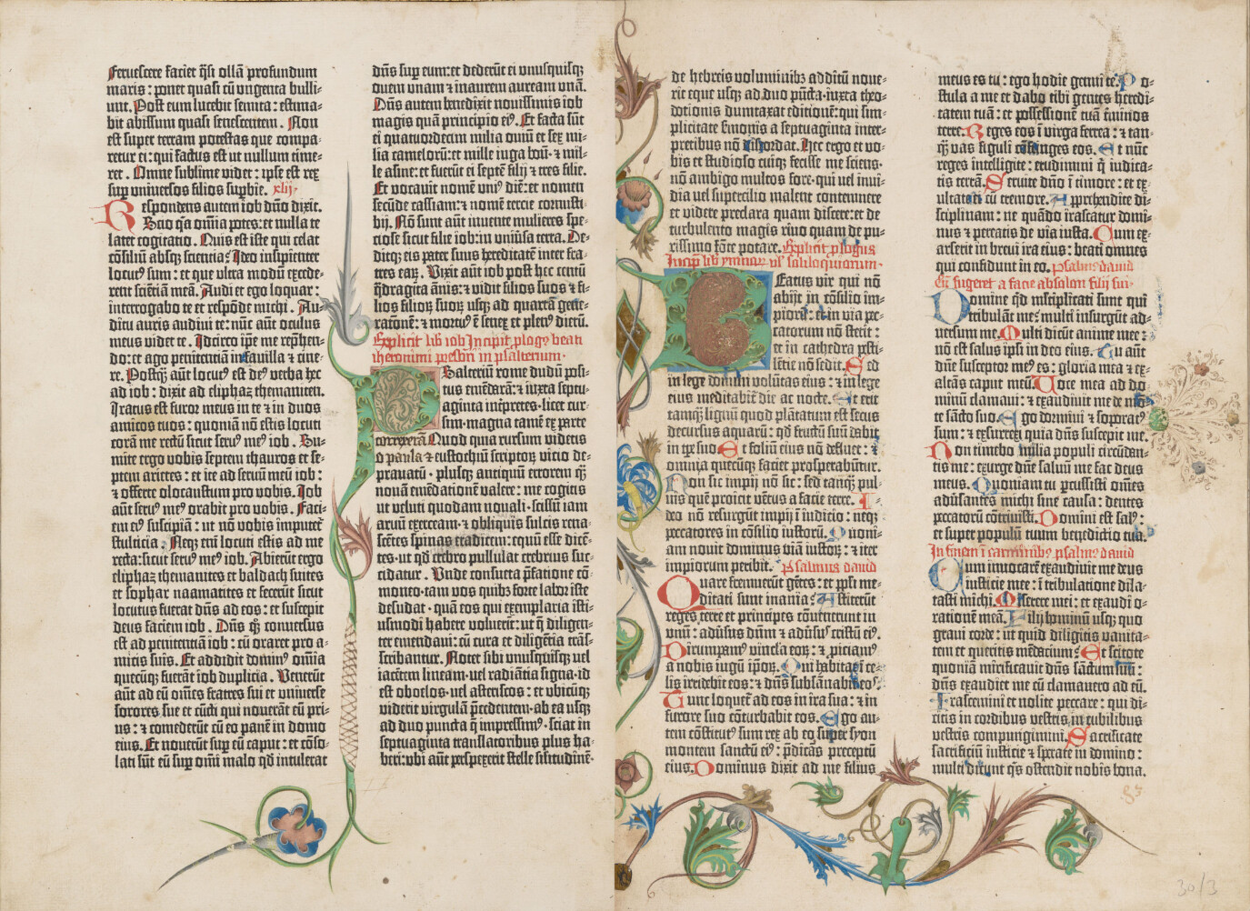 A close-up of the Gutenberg Bible, showcasing the dense, dark "Textura" type that mimicked medieval calligraphy.