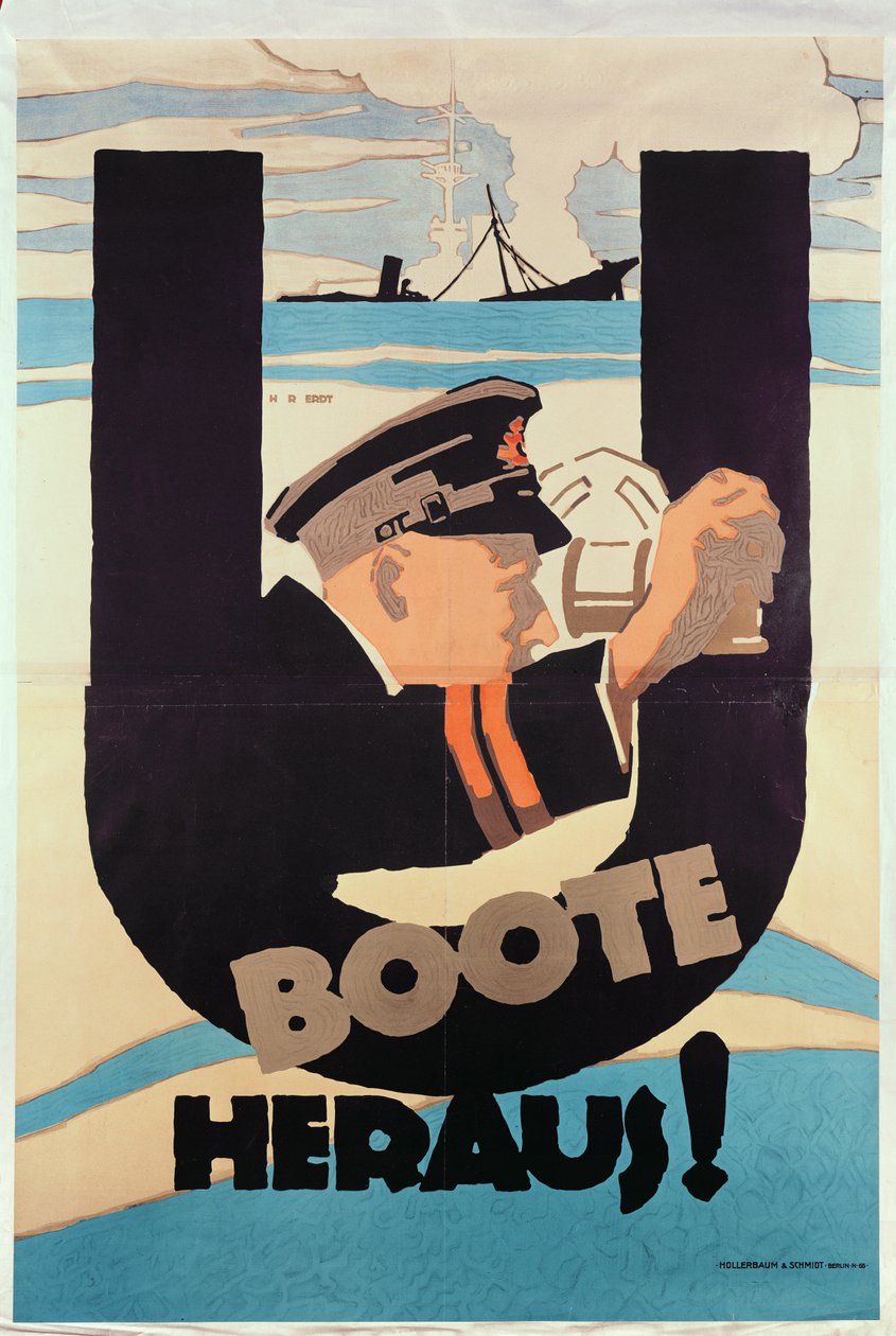 Hans Rudi Erdt’s "U-Boats Out!" used the massive, structural shape of a sans-serif "U" to integrate the image and text into one unified message.