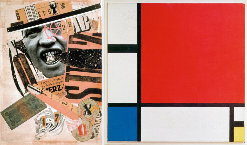 A visual representation of the shift from the noise and trauma of Dada into the silent, spiritual order of Dutch geometry. Left: Raoul Hausman, ABCD (1923). Right: Piet Mondrian, Mondrian Composition II in Red, Blue, and Yellow (1930). 