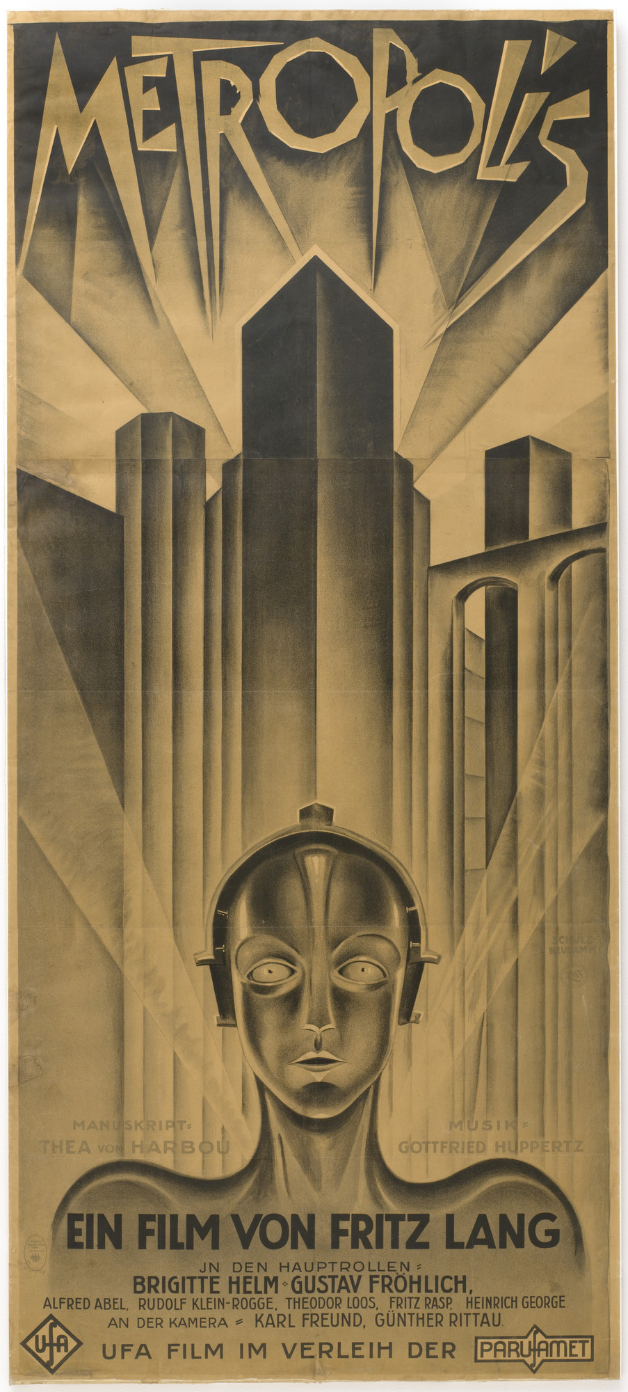 Heinz Schulz-Neudamm’s 1926 poster for the film Metropolis epitomizes the Art Deco fascination with towering architecture and the future of the machine age.