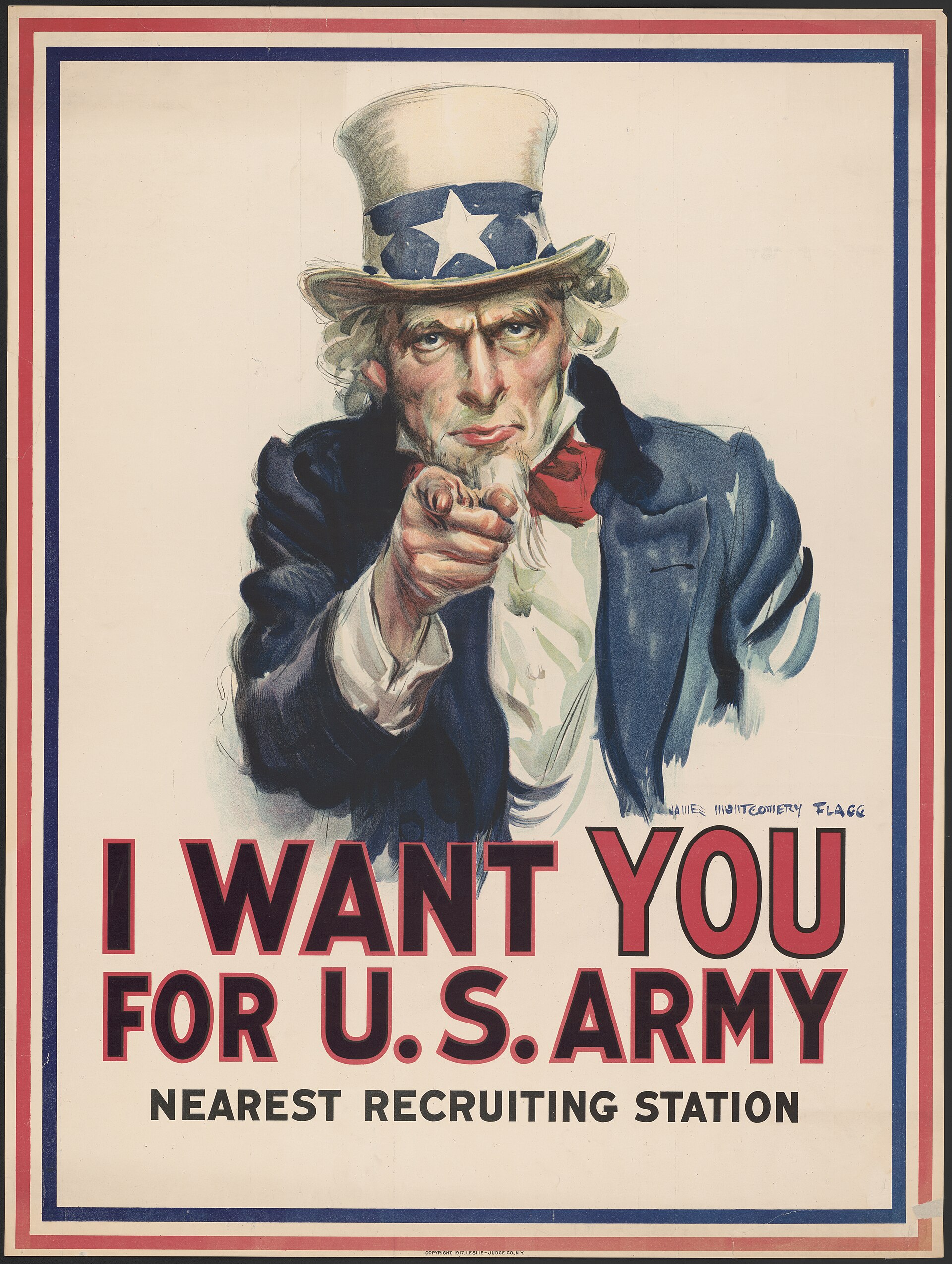 James Montgomery Flagg’s iconic recruiting poster utilized direct eye contact and a pointing finger to break the fourth wall, directly commanding the viewer to act.