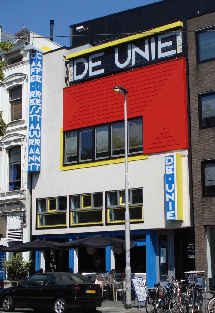 J.J.P. Oud’s Café de Unie in Rotterdam (1925). The principles of the 2D typographic grid are flawlessly translated into 3D environmental architecture and signage.