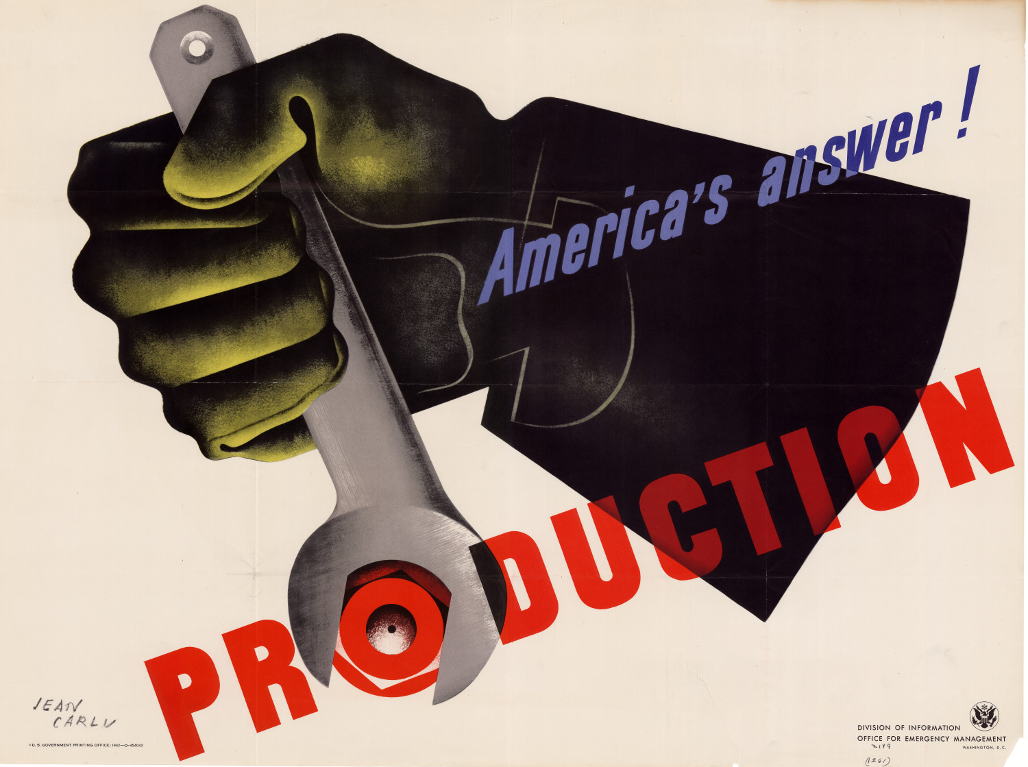 Jean Carlu interlocked a stylized hand and a wrench to create an undeniable symbol of industrial strength, introducing European modernist intensity to the American public. Jean Carlu, America's Answer: Production (1942)