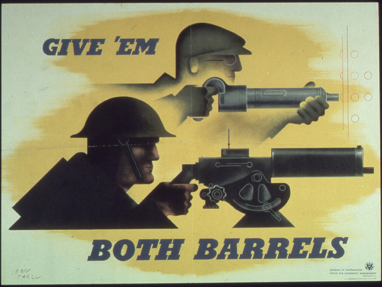 Jean Carlu brought a near-scientific exactness to his posters, using sharp, aggressive angles to trigger tension and alertness in the chaotic urban environment. Jean Carlu, 'Give 'em Both Barrels' (1941)