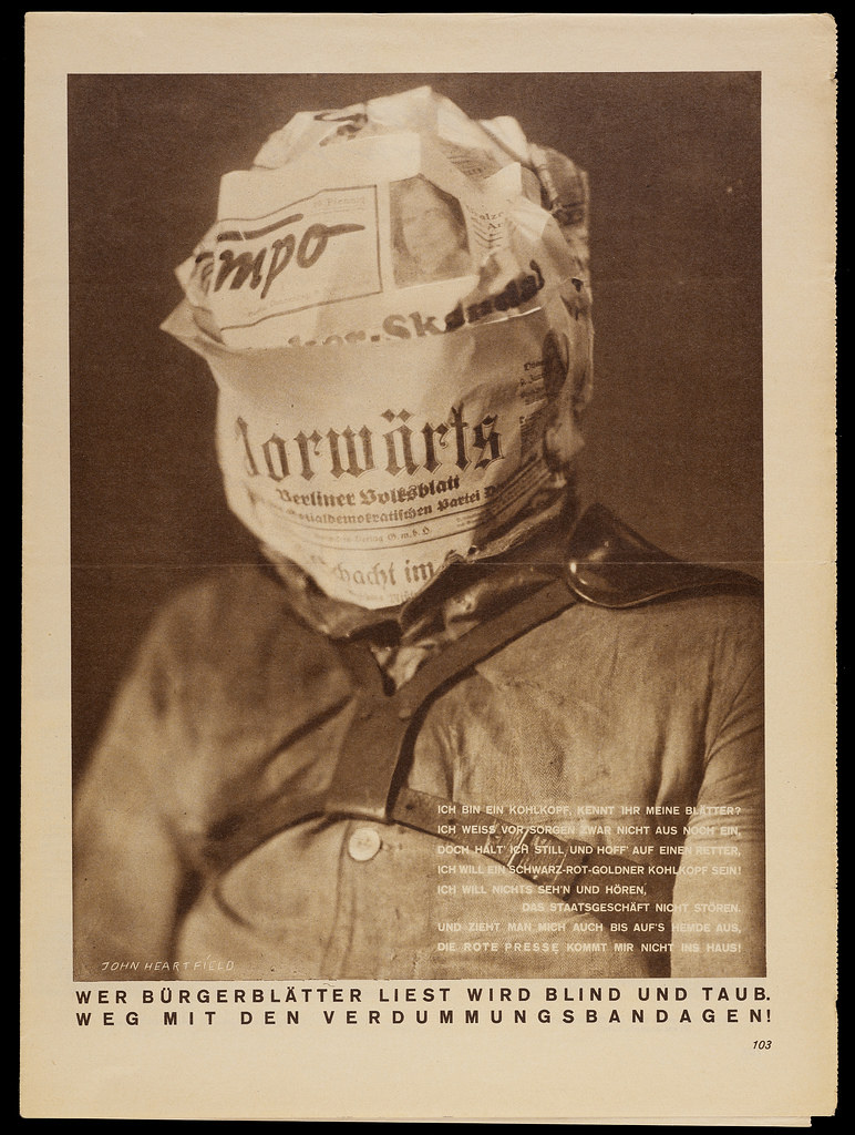 John Heartfield’s powerful political photomontage for AIZ magazine (1930): "Whoever reads the bourgeois press turns blind and deaf." He weaponized photography to reveal dark political truths.