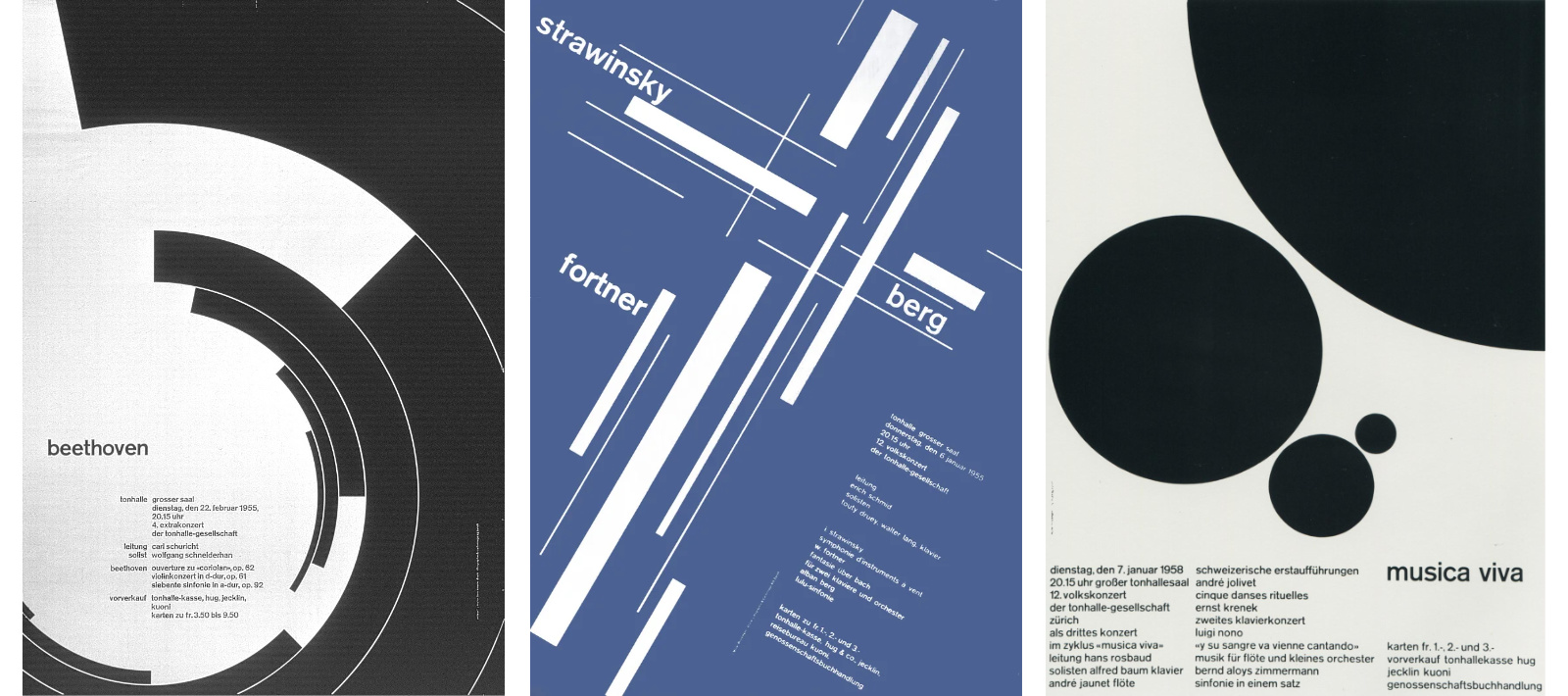 Showcasing the movement's structural rigor, these concert posters by Josef Müller-Brockmann rely entirely on geometric intersection and asymmetrical balance rather than illustrative decoration.