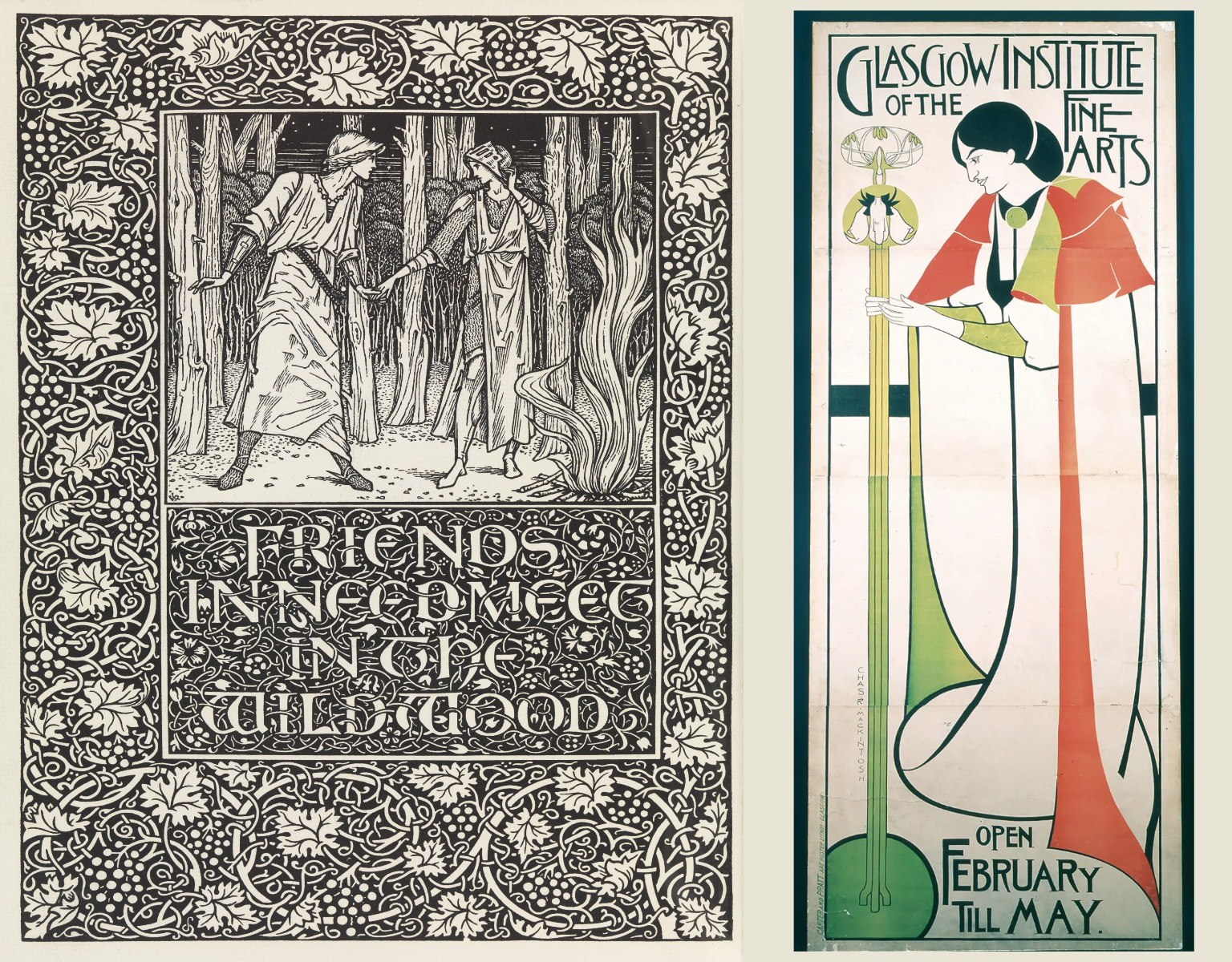 A striking contrast between the dense, organic clutter of the 19th century and the emerging geometric structure of the 20th century. (Left: Kelmscott Press page by William Morris. Right: poster by Charles Rennie Mackintosh)