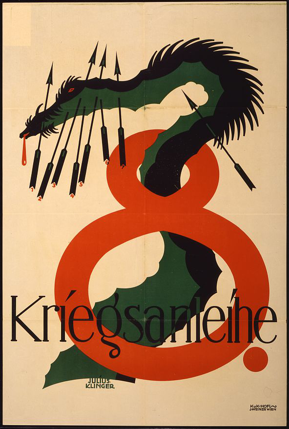 Designer Julius Klinger employed flat, stark symbols to express complex ideas, such as eight arrows piercing a wounded dragon.