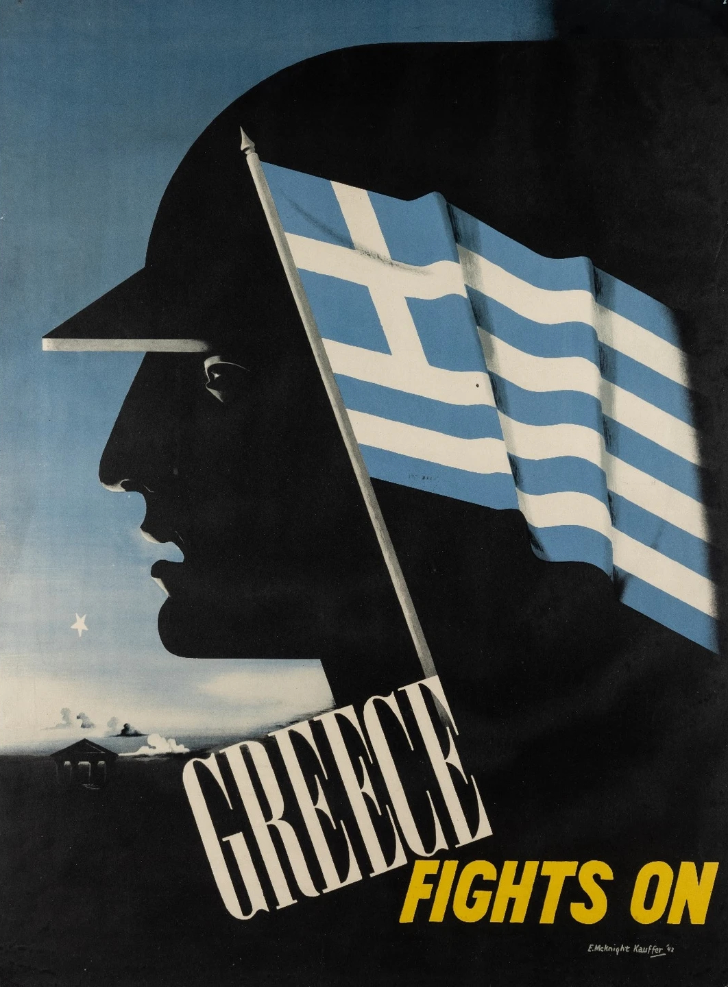 Kauffer utilized classical symbols, such as the silhouette of an ancient Greek warrior, combining them with national flags to create potent, modernist graphic symbols of Allied unity. E. McKinght Kauffer, Greece Fights On (1942)
