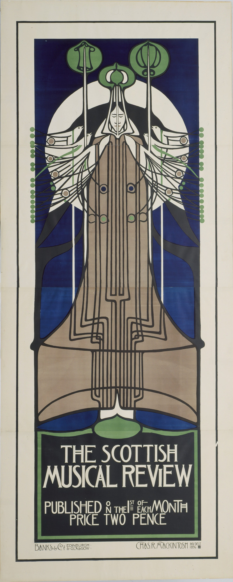 Charles Rennie Mackintosh’s poster for The Scottish Musical Review (1896). The rising vertical lines and geometric abstraction shocked traditional critics.