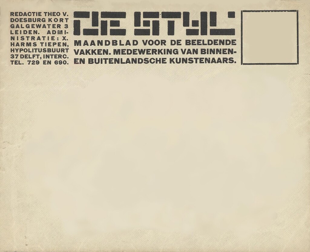 Typography for De Stijl volumes 1 to 3, Envelope (type 1) by Theo van Doesburg (1917). The thick horizontal rules, blocky typography, and asymmetrical balance laid the foundation for modern modular page layouts.