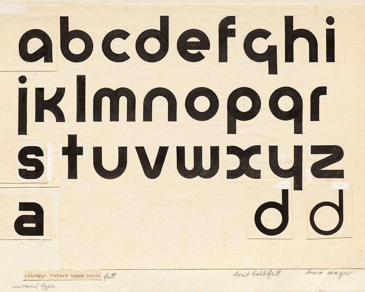 Herbert Bayer's Universal Alphabet eliminated capital letters entirely, utilizing pure geometric circles and straight lines to create a typeface that was functionally efficient and visually objective.