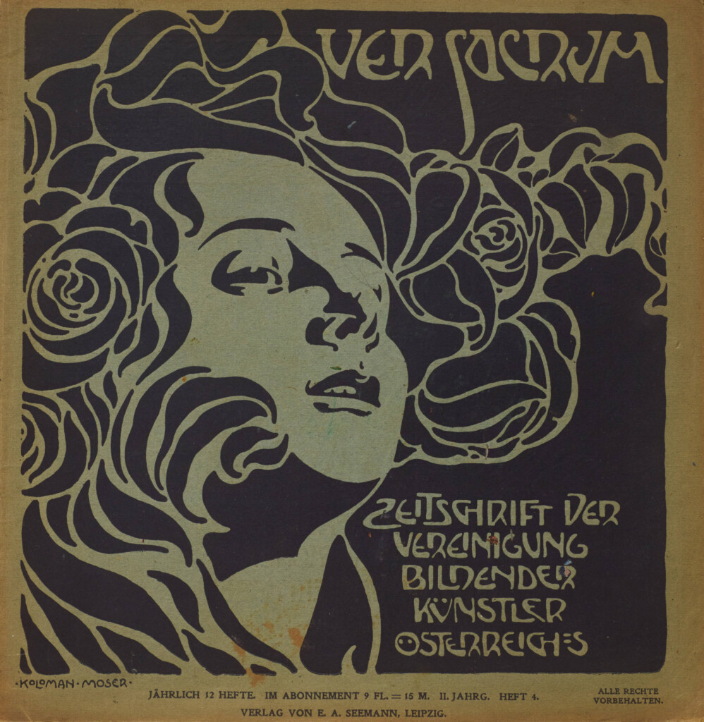 A square cover from Ver Sacrum Issue 2 1899 by Koloman Moser. The magazine served as a design laboratory, utilizing modular grids and a harmonious integration of typography and illustration.
