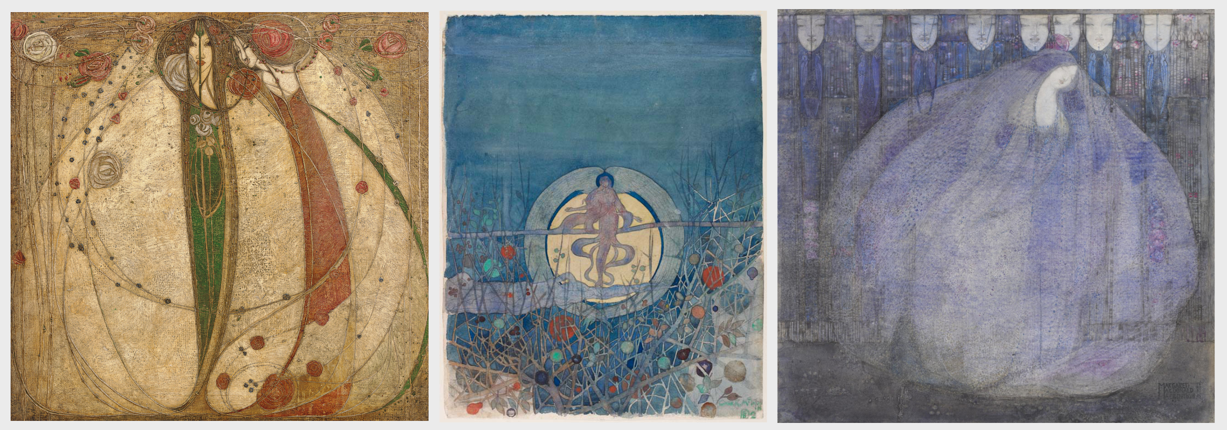 Left to Right: The White Rose and the Red Rose, 1902, Margaret Macdonald Mackintosh / The Harvest Moon, 1892, Charles Rennie Mackintosh / Mysterious Garden, 1911, Margaret Macdonald Mackintosh